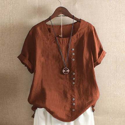 亚马逊wish速卖通爆款女装卡通复古印花棉麻短袖宽松休闲亚麻衬衫