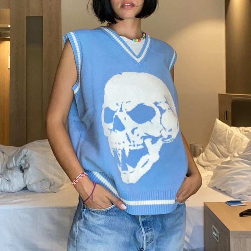 V-neck loose sleeveless vest women印花宽松马甲无袖背心上衣女