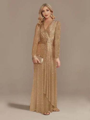 V-Neck Evening Dress Wedding Party Sequins Prom Dresses