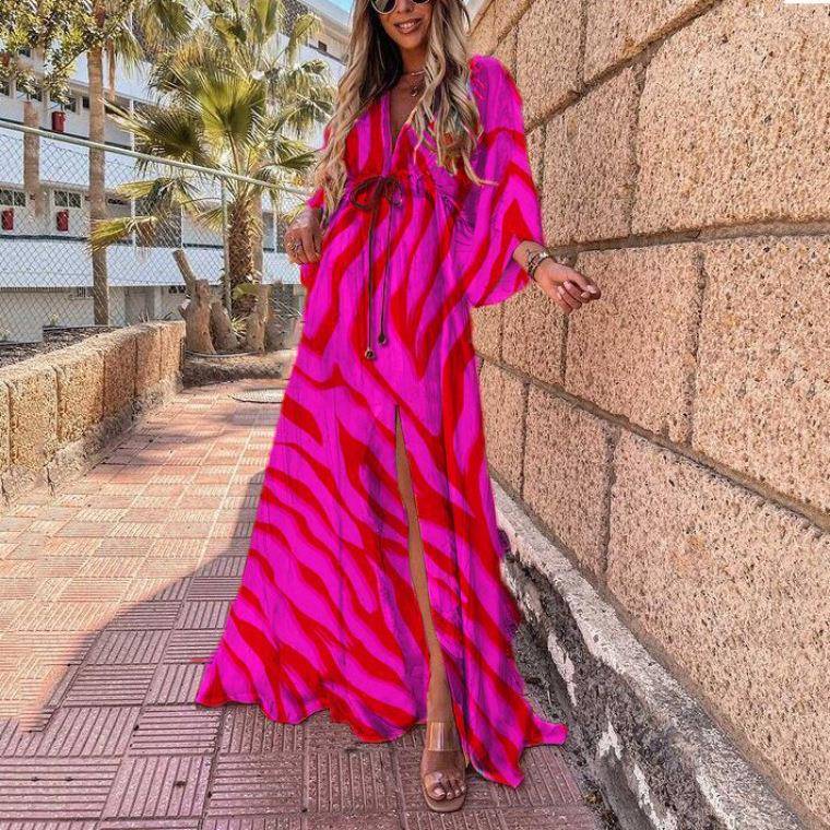 Women elegant Printed Dress女装套头气质高腰时尚印花雪纺长裙