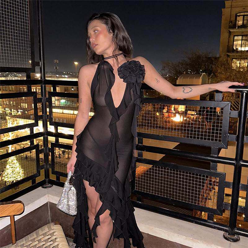 Ahagaga 时尚木耳不规则辣妹裙子性感低胸露背透视修身欧美连衣裙