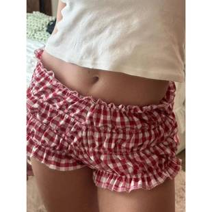 Leisure low waisted lace plaid shorts 休闲低腰花边格子短裤女