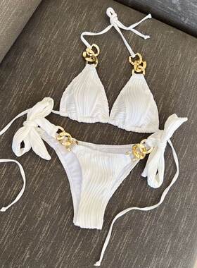 夏季链条装饰辣妹爆款比基尼性感绑带可调节泳装沙滩泳装新品白色