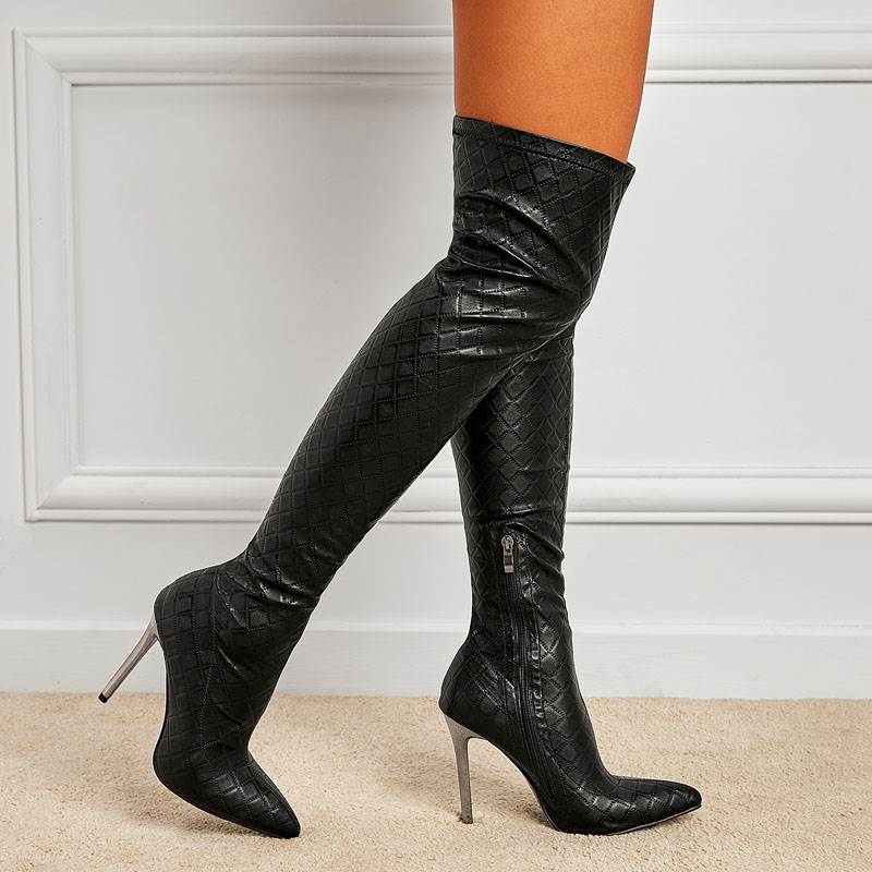 速卖通 Women Boots 秋冬新款尖头瘦腿侧拉链高筒靴 大码高跟女靴