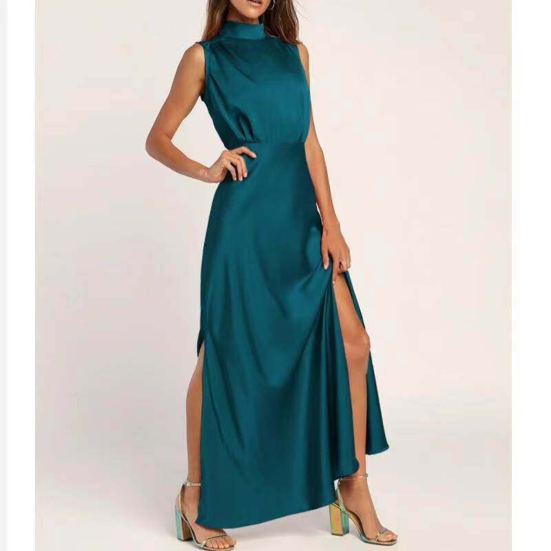 女式晚礼服名媛法式婚礼伴娘缎面开叉连衣裙Party Evening Dress