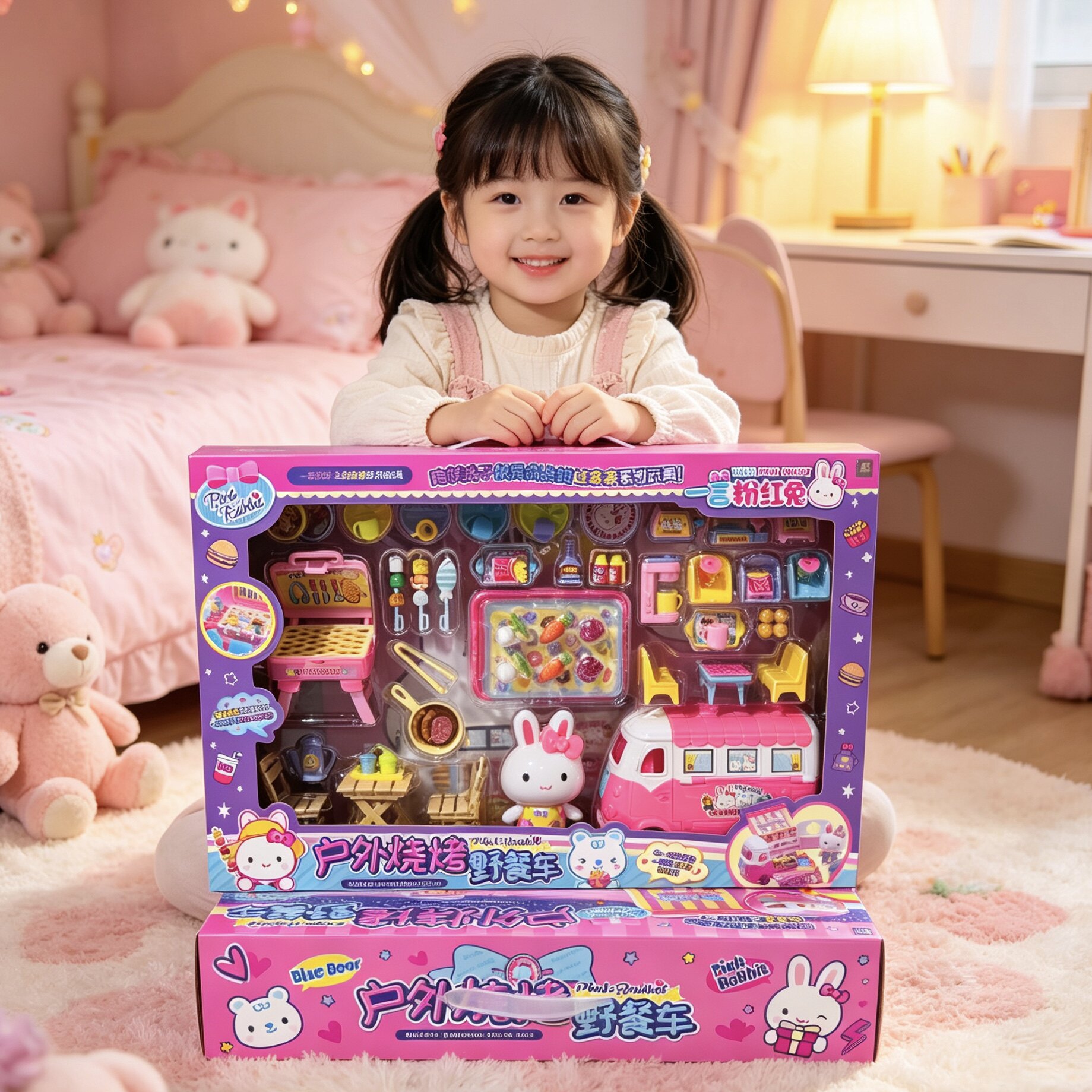 粉红兔野餐烧烤车过家家玩具仿真厨具套装女童角色扮演生日礼物