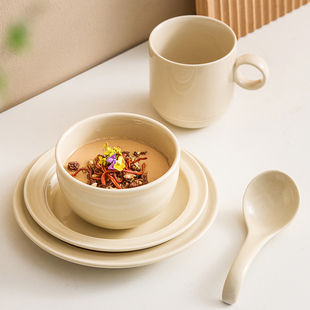 家用2025新款 造器奶油风碗碟套装 碗筷盘子杯子商用摆台四件套餐具