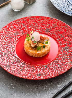 红色盘子结婚陶瓷高级感轻奢菜盘家用中式网红创意餐具牛排西餐盘