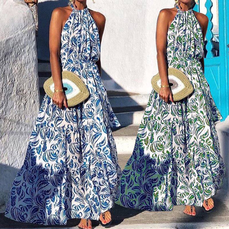 速卖通夏季气质新款欧美风时尚性感碎花露背连衣裙波西米亚长裙潮