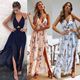 欧美v领无袖Women Summer Boho Maxi Long Dress Beach Dress女夏