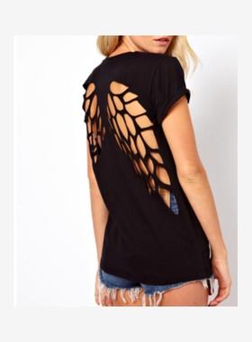 欧美后背激光雕刻镂空天使翅膀黑色圆领短袖T恤女