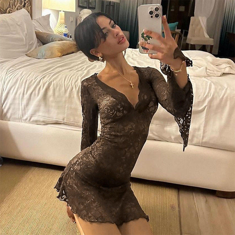 欧美性感深V辣妹提花蕾丝
