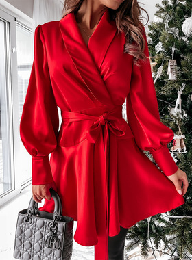Red long sleeved shirt dress 红色长袖衬衫连衣裙收腰气质短裙