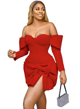 Backless sexy dress ladies欧美性感一字肩开叉蝴蝶结弹力连衣裙