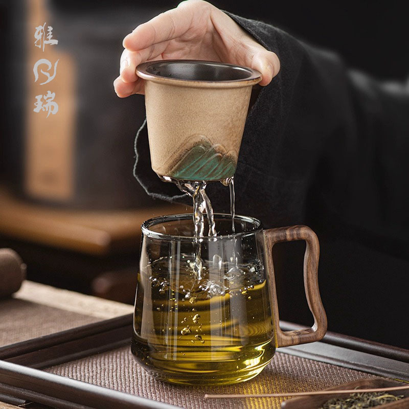 陶瓷玻璃杯茶杯茶水分离杯过滤简约泡茶杯水杯三件套情侣通用杯子