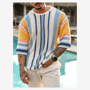2025秋季宽松圆领中袖毛衣欧美男士大码条纹针织衫Men's knitwear