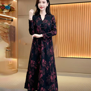 中老年女式秋季长袖上衣50岁妈妈穿的衣服中长款连衣裙子中年女装