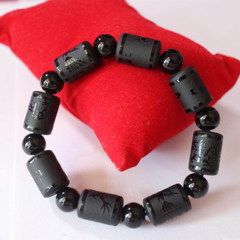 黑曜石凤凰桶珠手串手链牛角手饰品玛瑙贺兰石手链个性石头串珠