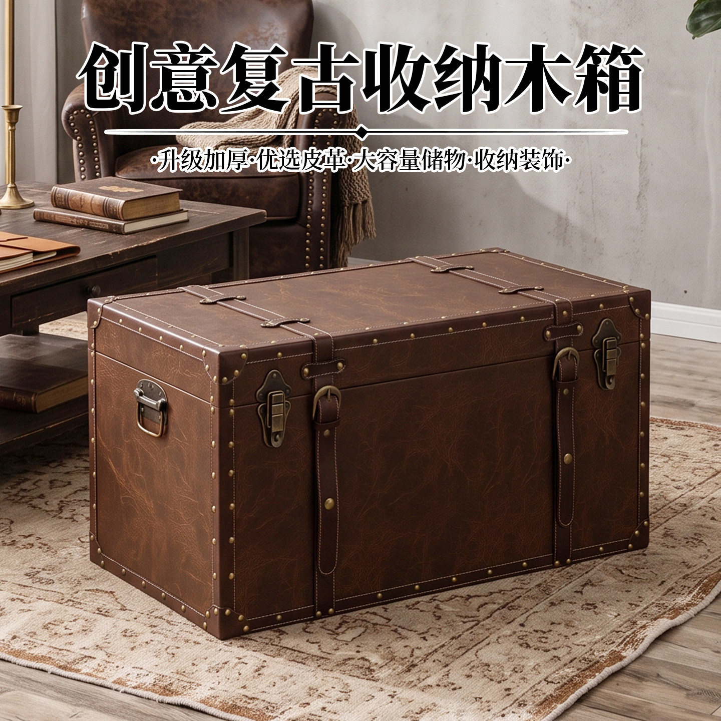 中古风复古木箱收纳箱做旧皮箱客厅茶几箱民宿摄影布景道具储物箱