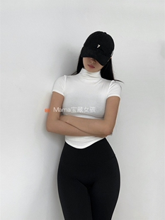 宝藏女孩女神必入微高领收腰短袖瑜伽服显瘦紧身运动T恤健身服