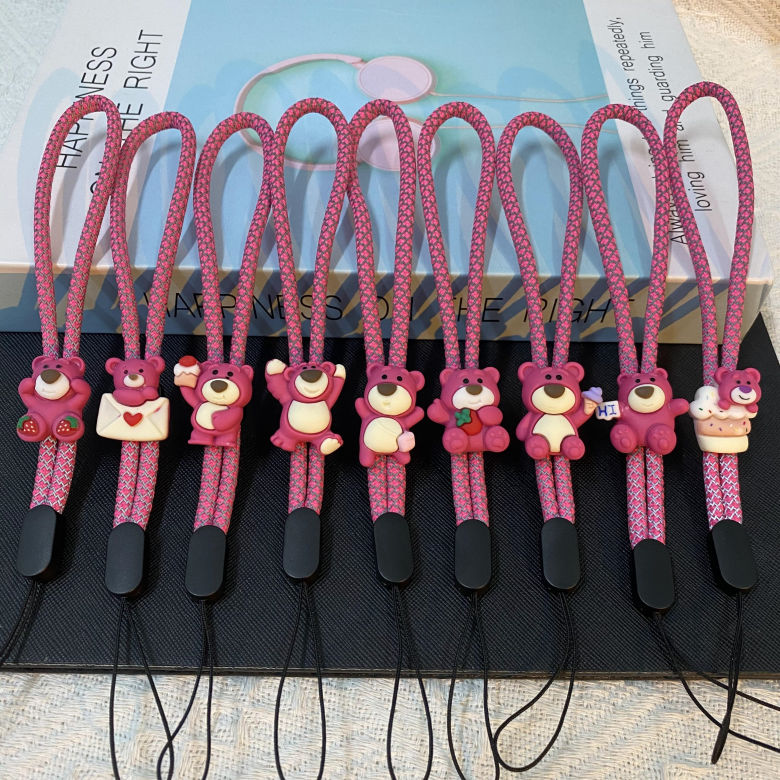 卡通草莓熊手机壳长款可调节荧光手腕绳对讲机U盘挂件耳机安全绳