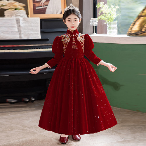 女童礼服红色长款高端儿童主持人