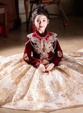 女童晚礼服红色女孩生日公主裙儿童国风高端主持人钢琴演出服秋冬