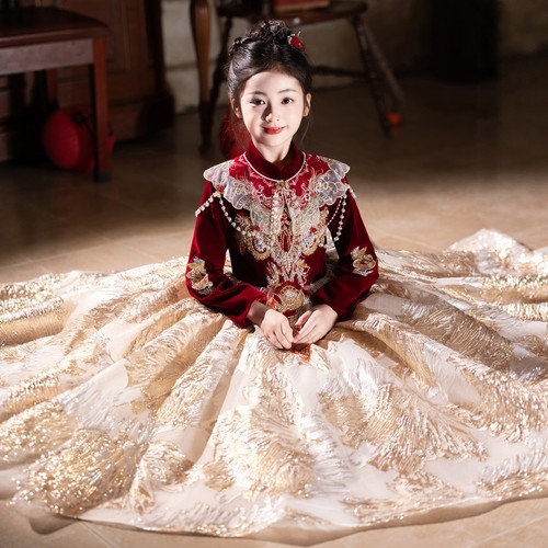 女童晚礼服红色女孩生日公主裙