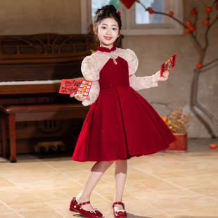 红色女童礼服新年秋冬小女孩生日公主裙儿童主持人高端国风演出服