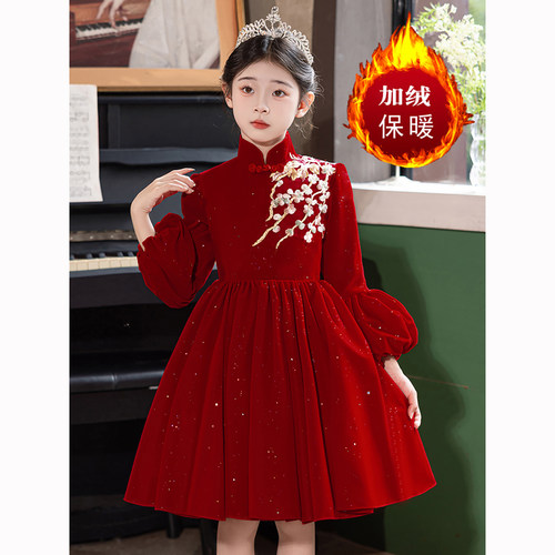 女童礼服国风红色长袖主持人