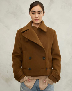 纯元欧美单羊毛羊绒混纺西装大翻领双排扣短款长袖箱型版简约大气