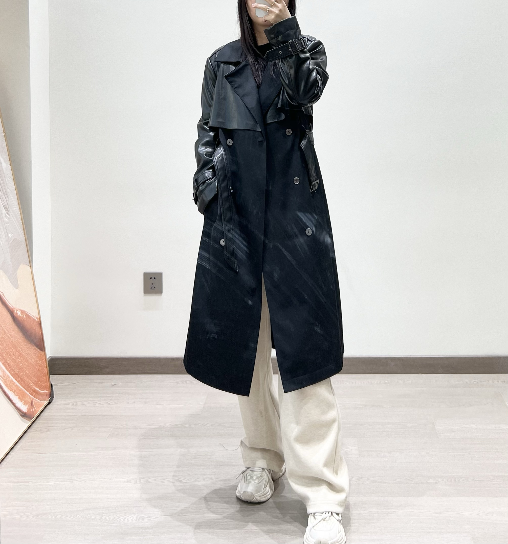 MA@RCS高端女长款PU皮拼接棉外套翻领双排扣腰带收腰显瘦气质大衣