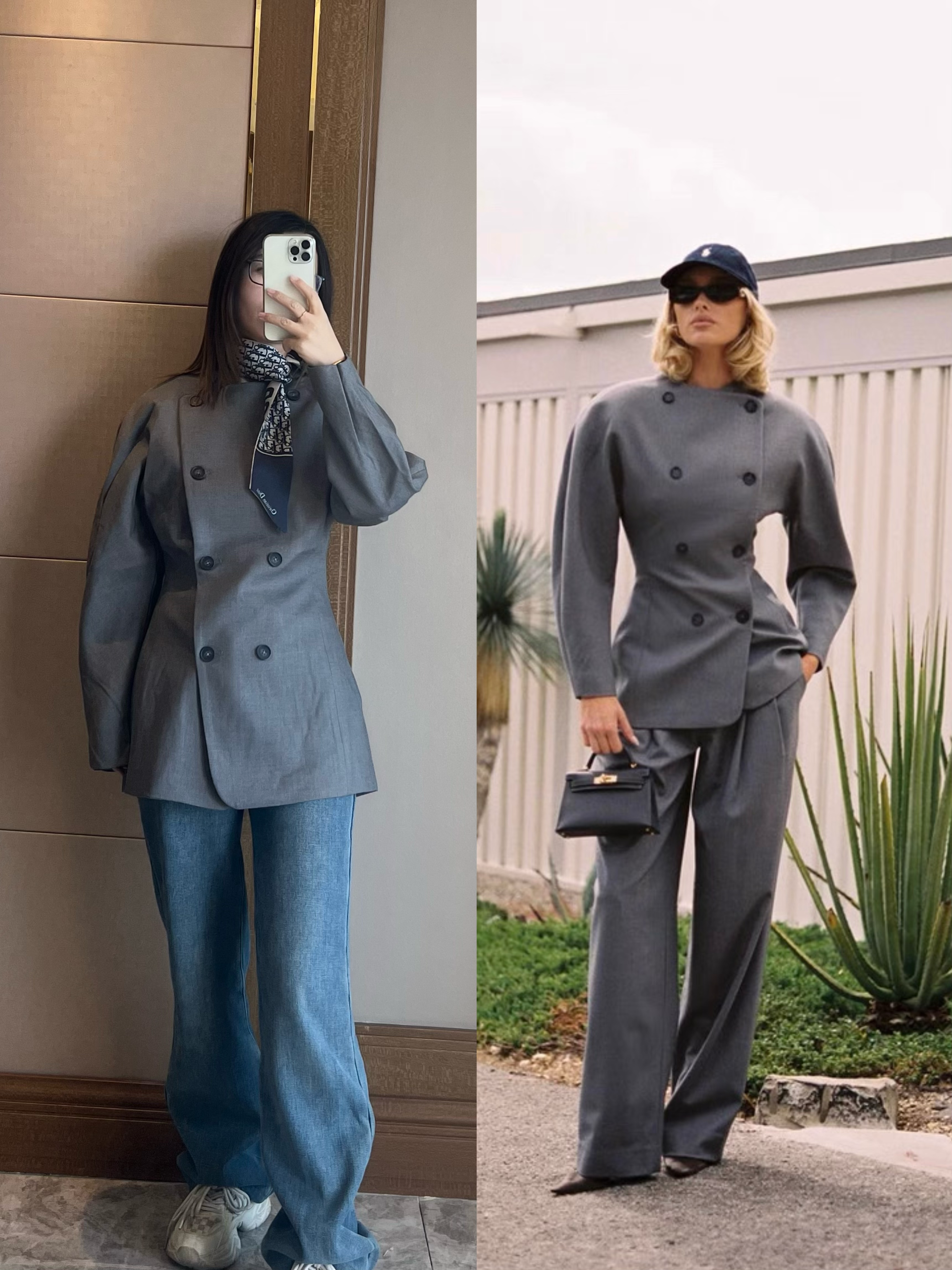 高级灰羊毛混纺双排扣西装外套时尚气质新款上衣圆领收腰款连肩袖