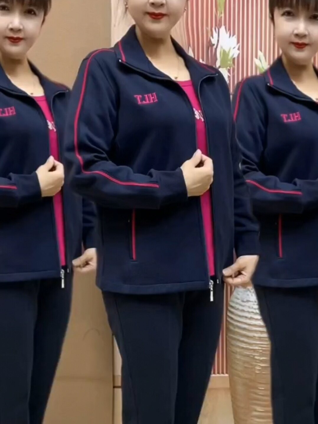 三件套运动套装女秋季新款中老年妈妈大码显瘦纯色拉链三件套运动