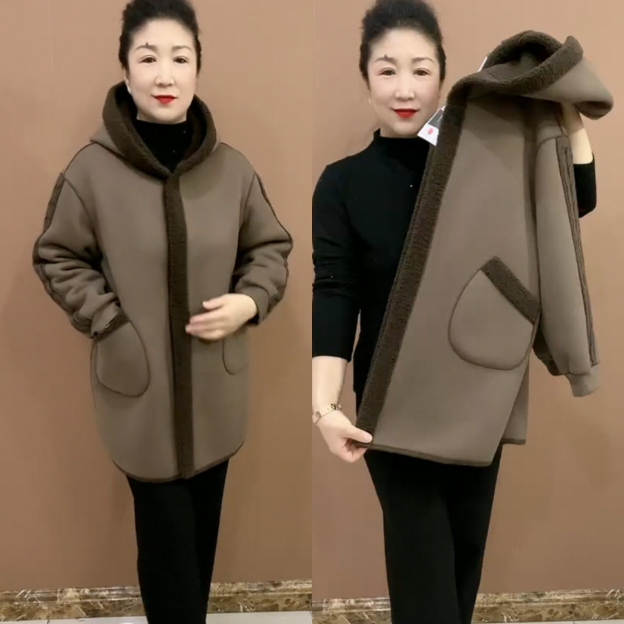 小香风毛呢外套2024新款女士秋冬中年妈妈皮毛一体羊羔毛大衣