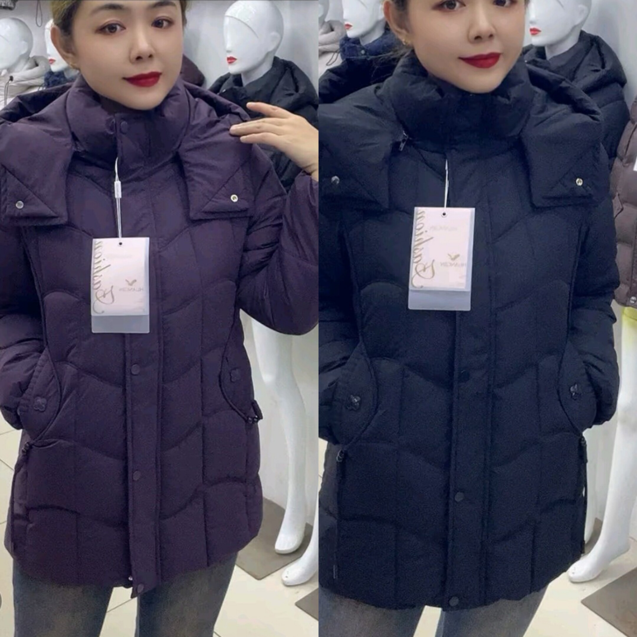 妈妈冬装羽绒棉服中老年女连帽外套中长款中年人纯色棉衣