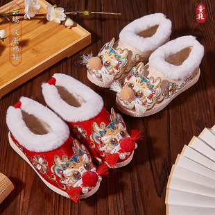 古装古风女童绣花鞋冬新款民族风鞋龙年3D云螭棉布鞋加厚花朵6200