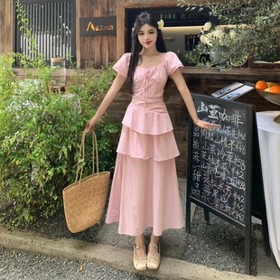 洋气显瘦方领遮肚连衣裙胖妹妹时尚 大码 新款 女装 气质蛋糕裙仙 夏季