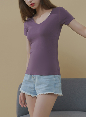 短袖t恤女士夏季韩版2023新款修身v领纯色莫代尔白色黑色无痕体恤