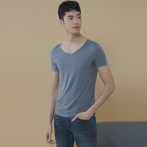 莫代尔t恤男士夏季潮纯色短袖v领简约无痕上衣宽松型汗衫体恤 - 封面
