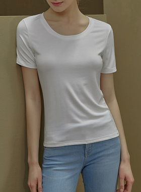 白色t恤女短袖ins洋气2023年新款韩版潮夏季圆领修身款莫代尔上衣