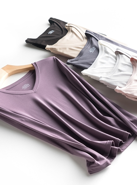 莫代尔白色t恤女士纯色修身打底衫v领长袖2023新款潮韩版秋季上衣