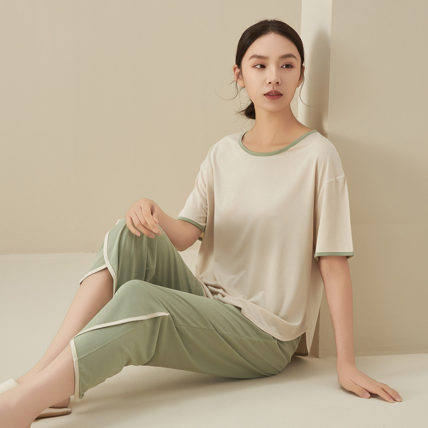 撞色开衫睡衣套装女士夏季冰丝棉凉感短袖七分裤冰皮家居服两件套