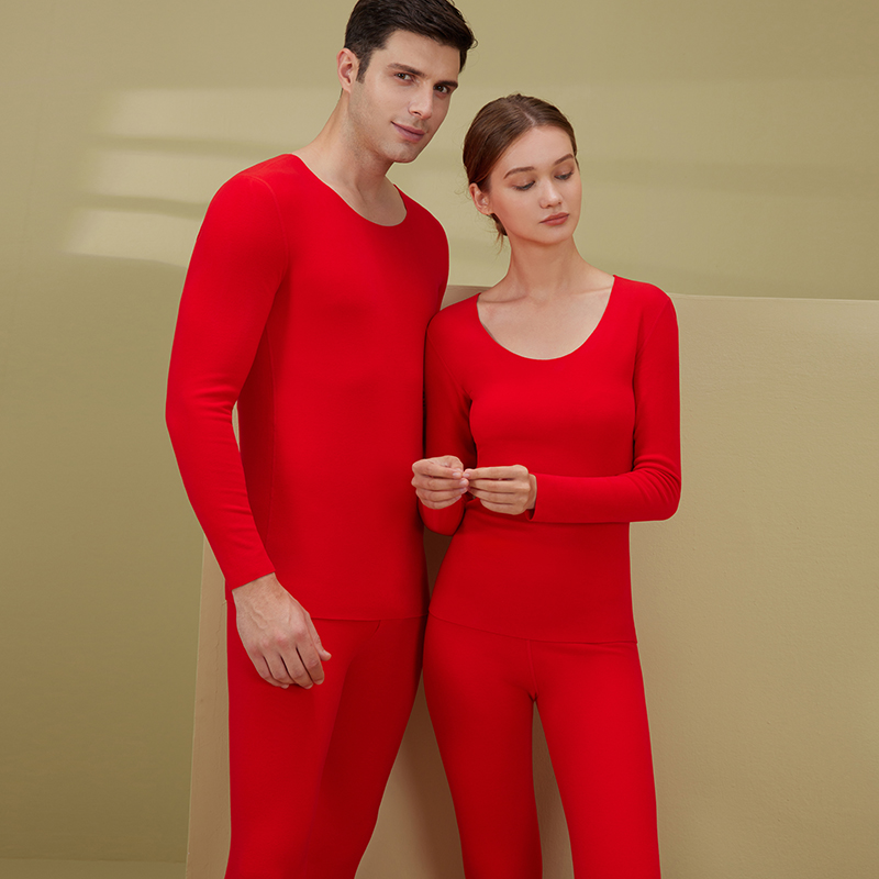 本命年保暖内衣套装女结婚加厚加绒自发热大红色男无痕秋衣秋裤冬