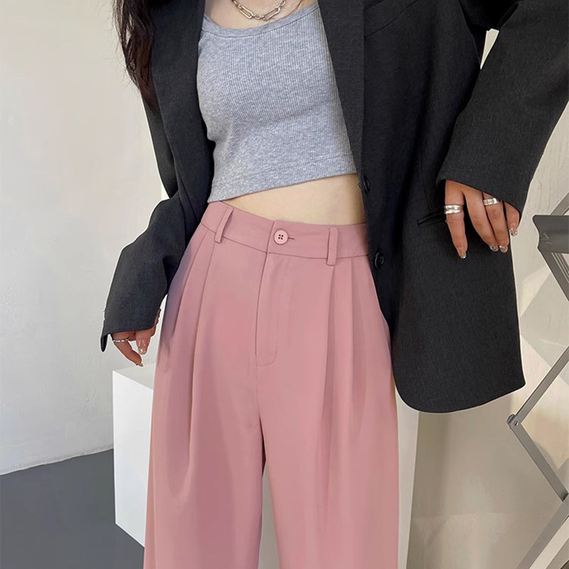 粉色西装裤阔腿裤女高腰垂感2025新款宽松夏季薄款小个子直筒休闲