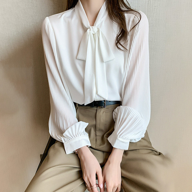 蝴蝶结上班服白色衬衫女2026春装新款飘带领长袖宽松洋派雪纺上衣
