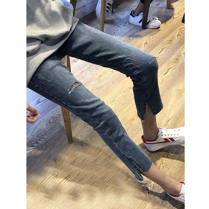 烟管牛仔裤子女春小个子夏薄款2025新款高腰显瘦九分破洞直筒宽松