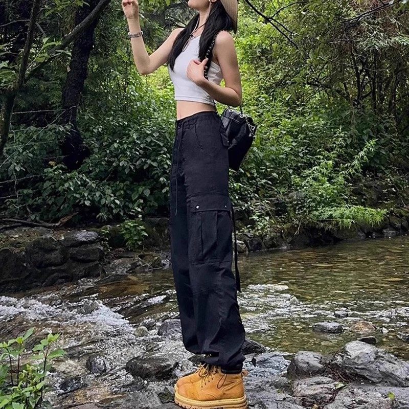 黑色美式工装裤女复古高腰登山阔腿裤春秋冬款显瘦宽松小个子速干