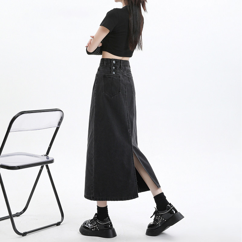 黑色牛仔半身裙女夏季2025春新款高腰显瘦开叉a字中长款包臀裙子