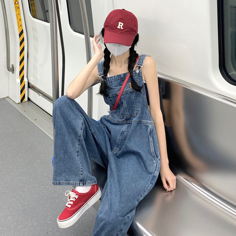 高腰牛仔背带裤女宽松显瘦2025夏季新款工装阔腿垂感拖地连体长裤